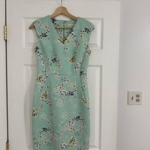Calvin Klein Green Sheath Midi Dress V-Neck Short Sleeve